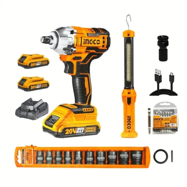 Ingco COSLI23011 Li-Ion 20V Cordless Impact Wrench Combo with Impact Socket, Work Lamp, Screwdriver Set